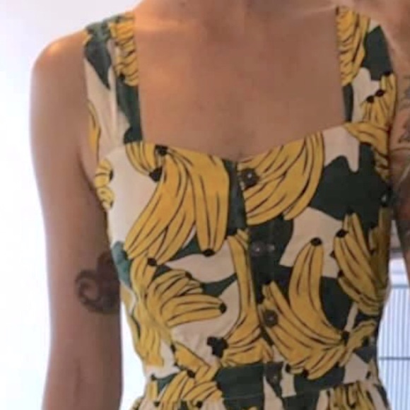 DANGERFIELD Bananas Print Yellow Cotton Fit & Flare Skater Pinafore Mini Dress - Picture 3 of 9